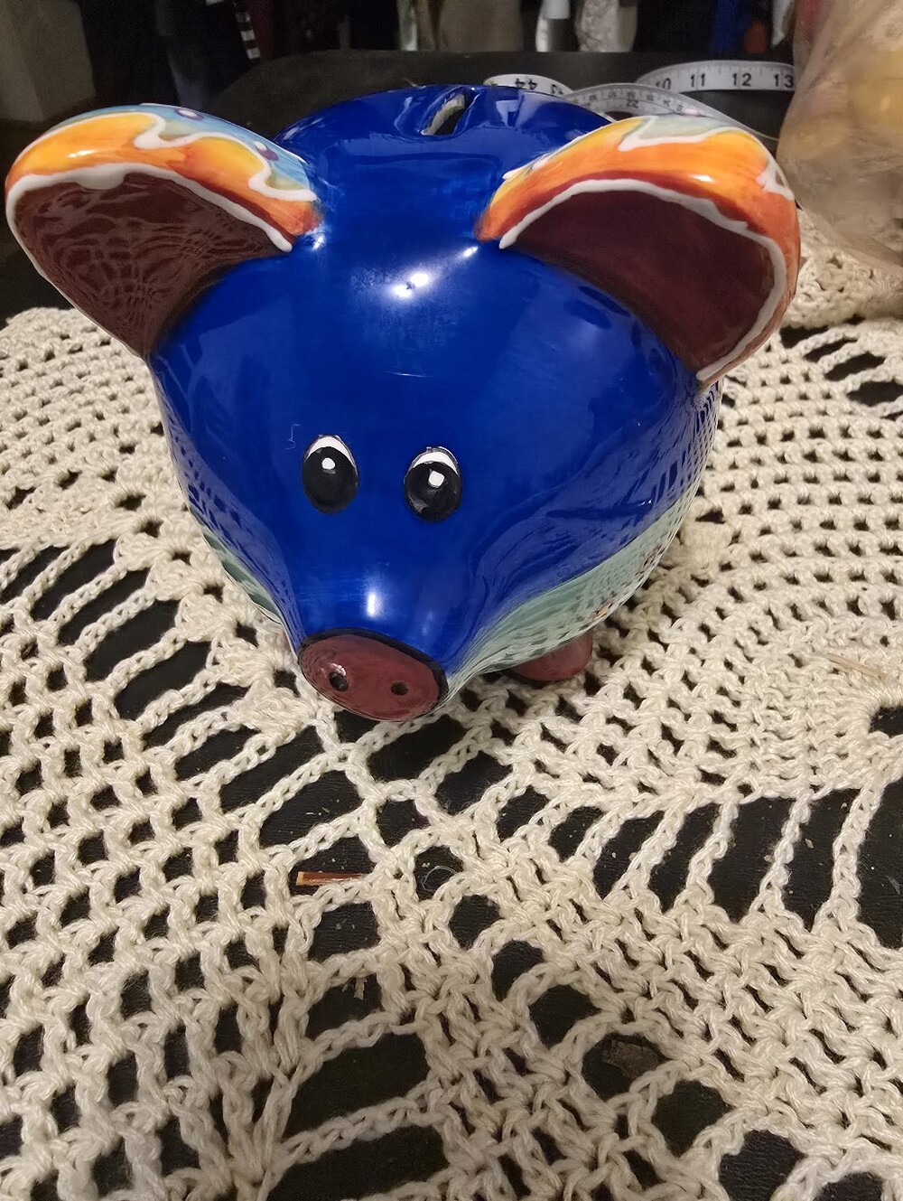 Talavera Handpainted Blue Ceramic Piggy Bank - Home Art Accent